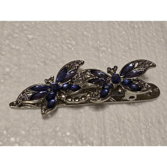 Silver Tone Butterfly Hair Clip Barrette Purple & Blue Gemstone Accents Elegant - Picture 1 of 4